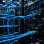 Computer network cables connect servers in a data center. Blue ethernet cables plug into rack mounted equipment. Information technology infrastructure supports data storage and communication.